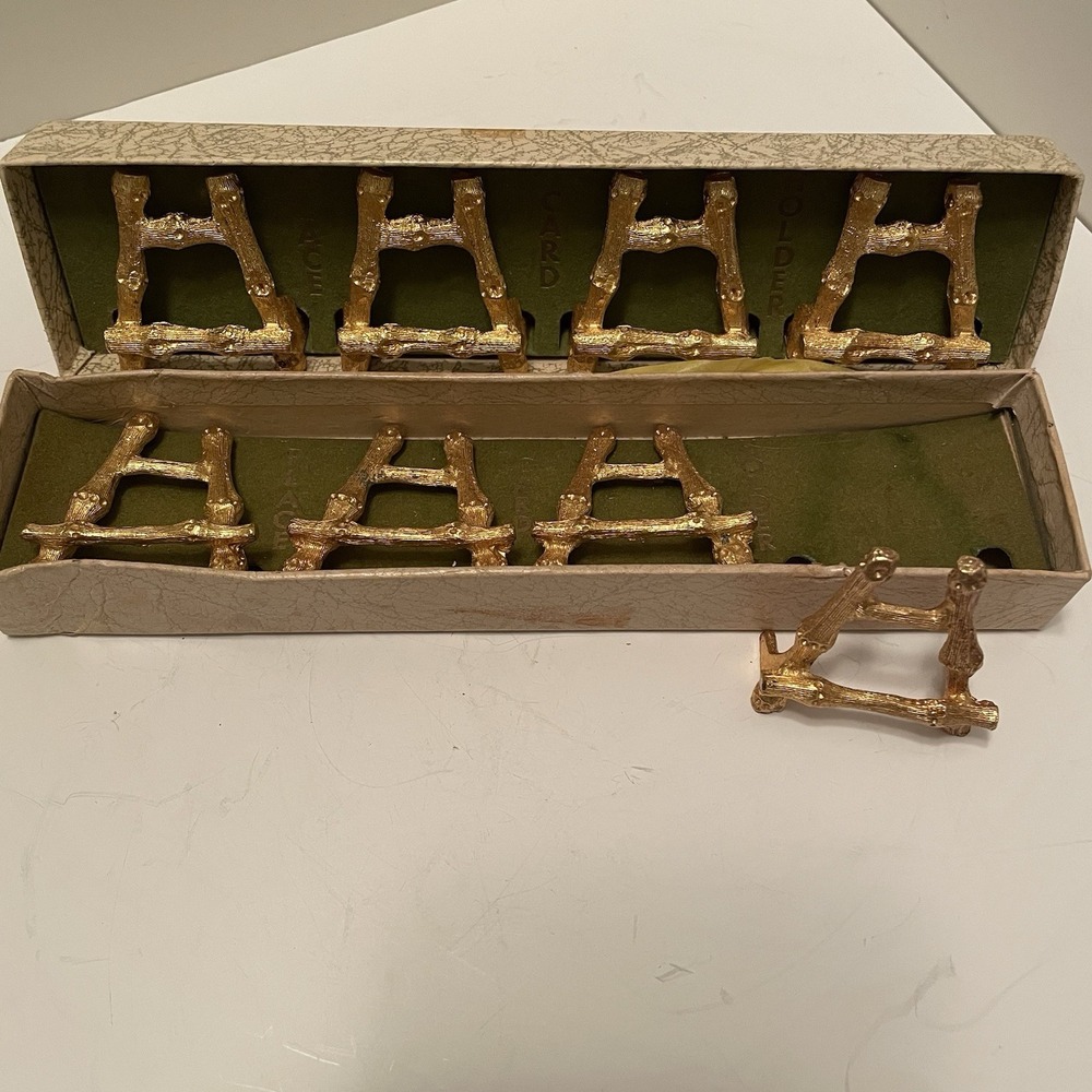 Vintage Mid-Century Gold Faux Bamboo Place Card Holders - Set of 8 Mini Easels